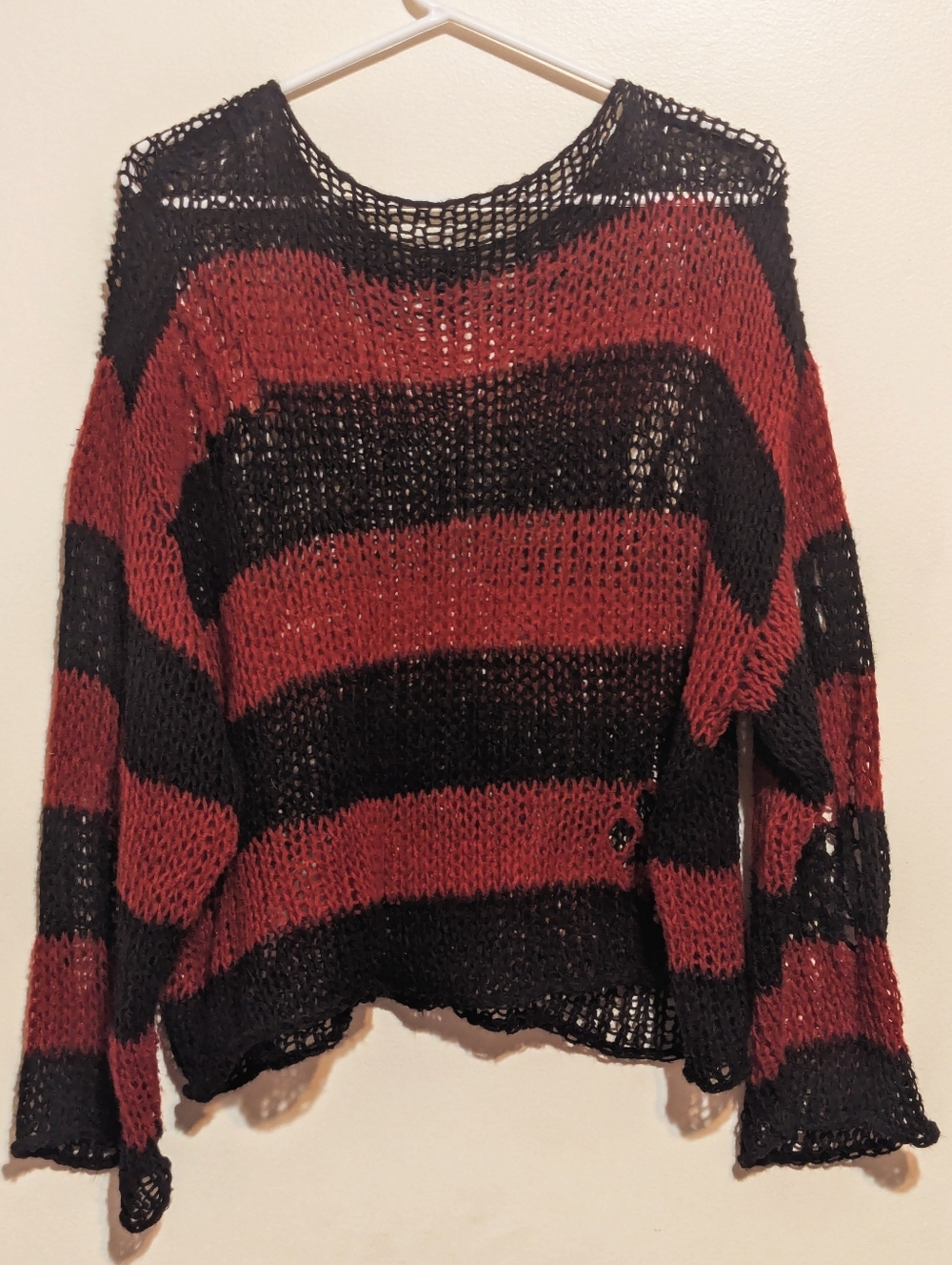 Women's Striped Open-Knit Crewneck Sweater - Black & Red